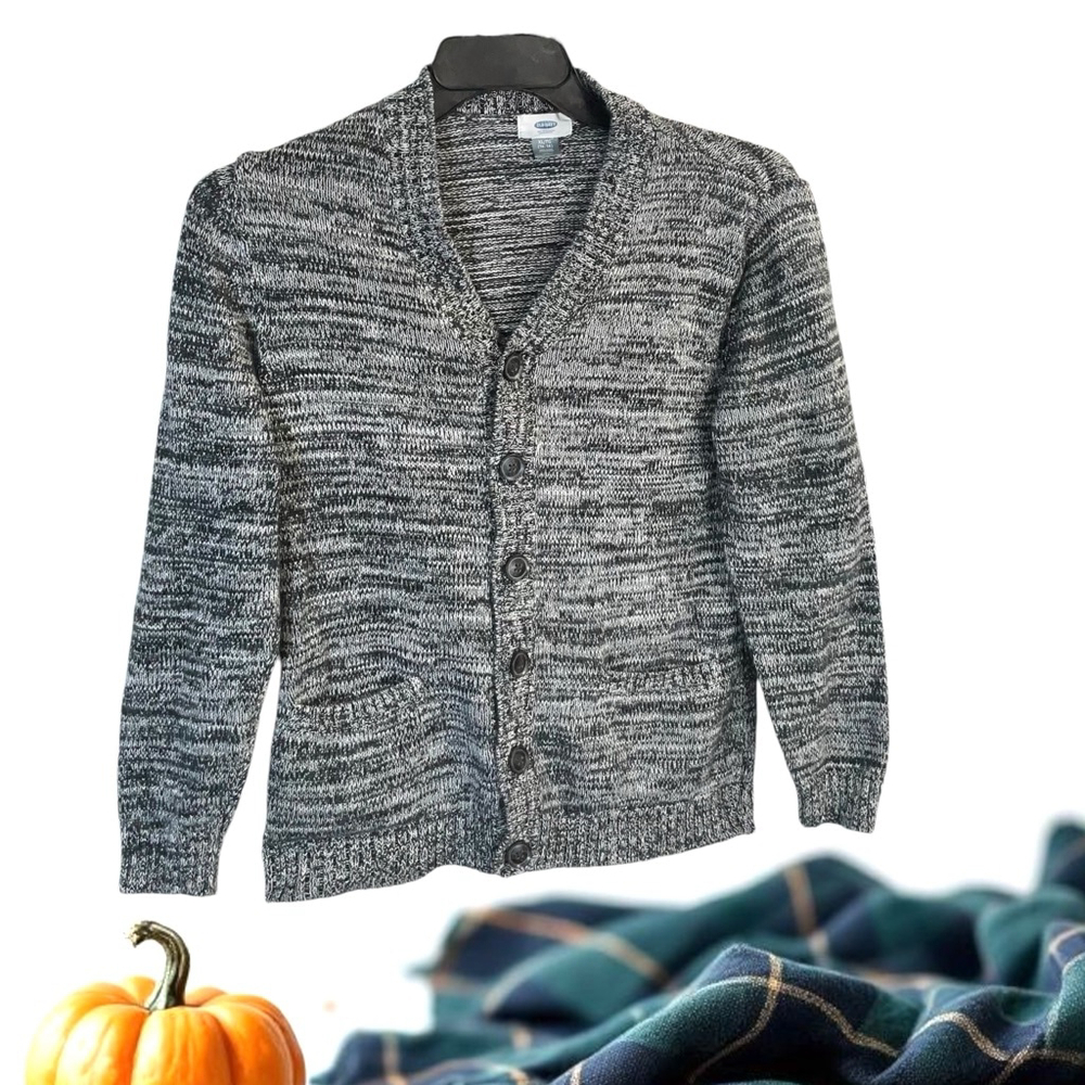 Old Navy Black, Gray, White Marbled Cotton Button Cardigan Boys Size XL 14/16